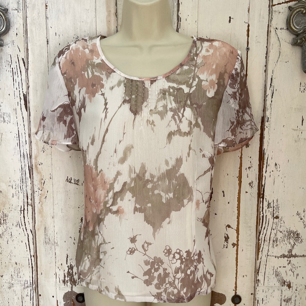 Jacques Vert Size 12 Euro 40 Woman's Pink Taupe Ivory Eggplant Beaded Blouse Top